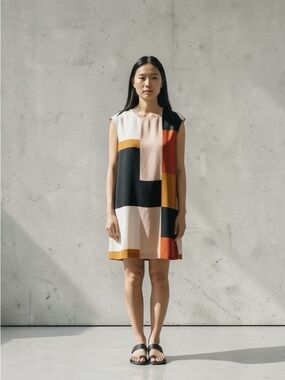 LOFT Colorblock Mini Dress in Black, Cream, Mustard & Rust